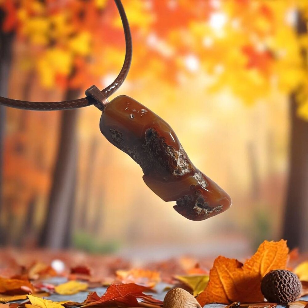 Natural Floral Fossil Agate Pendant Leather Cord Necklace Adjustable Women